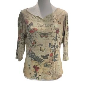 Y2K Cactus Butterfly Garden Top Womens Medium Tan 3/4 Sleeve Rhinestone Tee